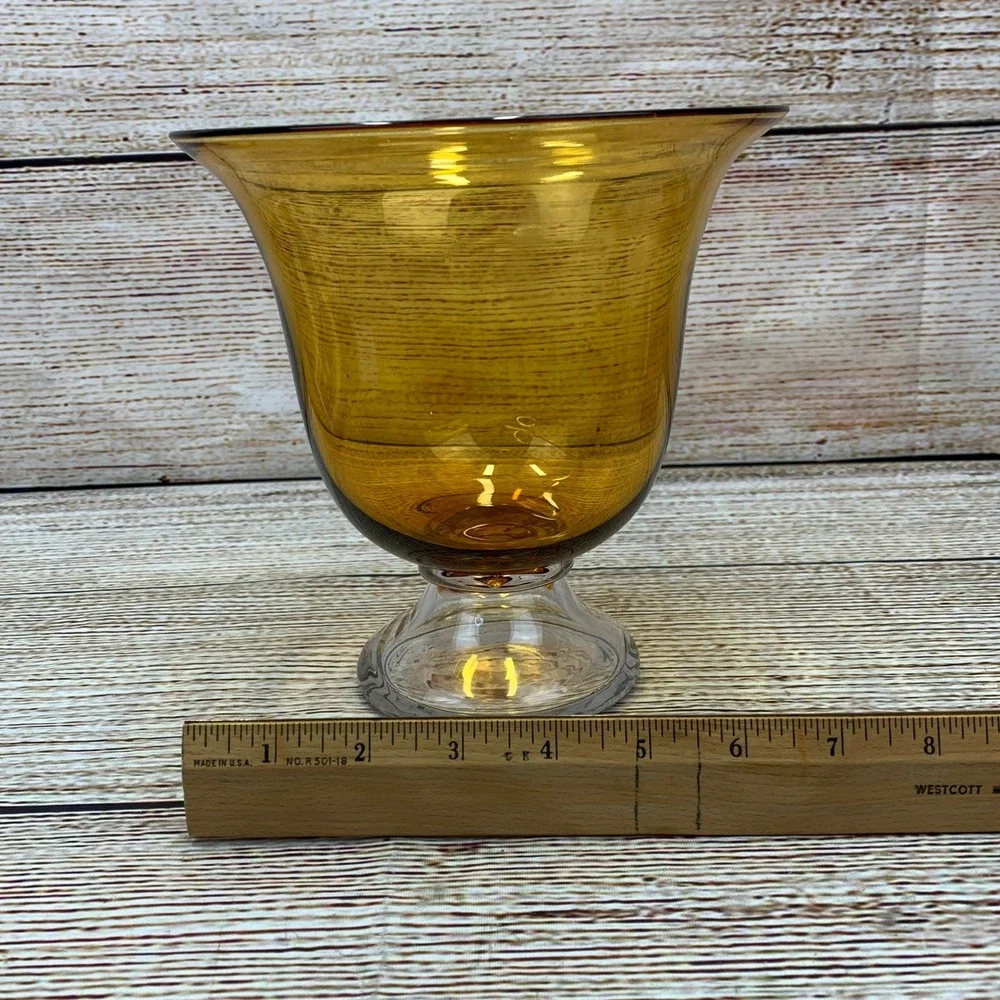 Amber‎ Gold Glass Vase * Candle Holder Footed Pedestal Trumpet Shaped Home Decor